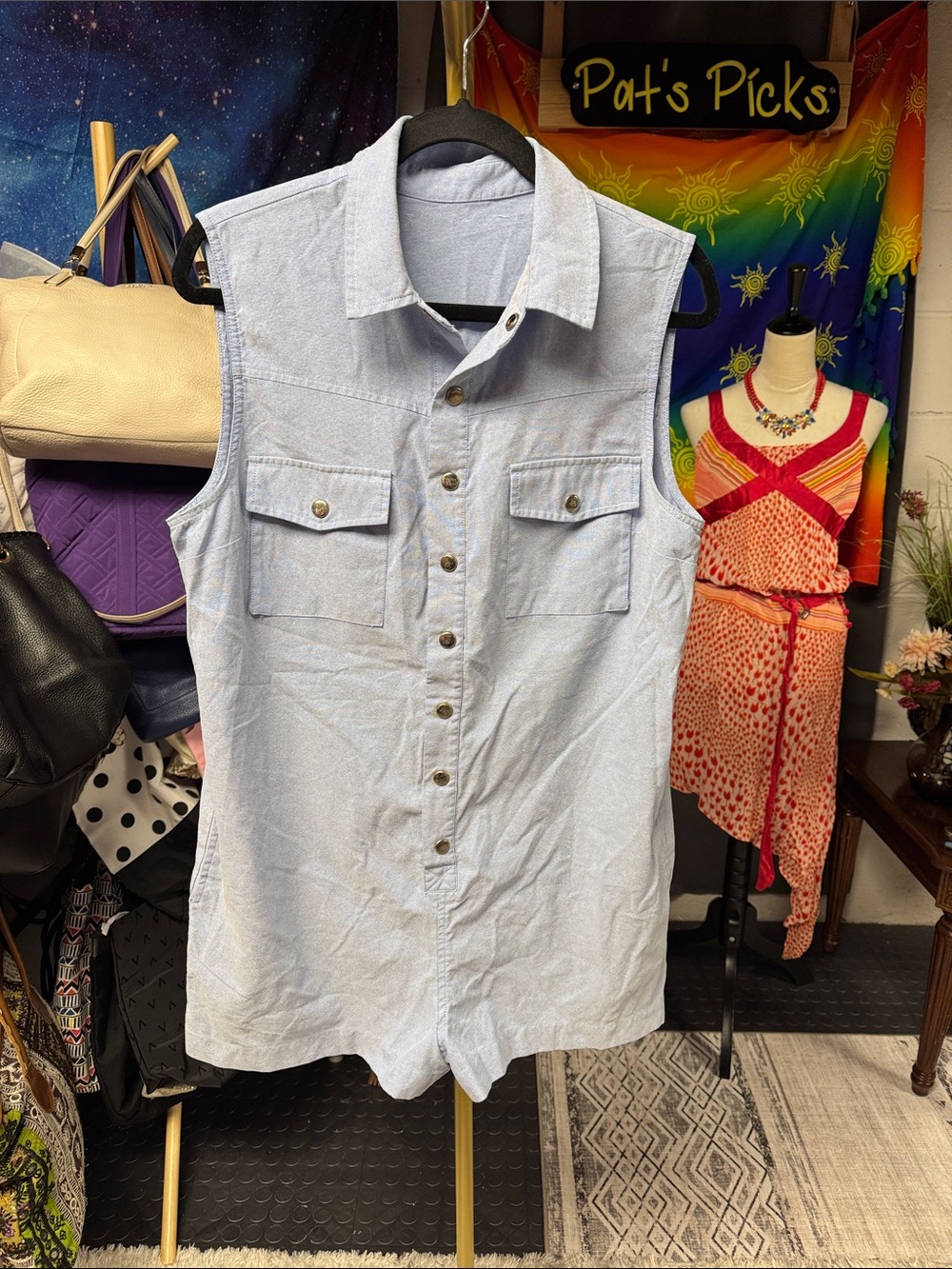 Sleeveless Light Blue Button-Front Romper